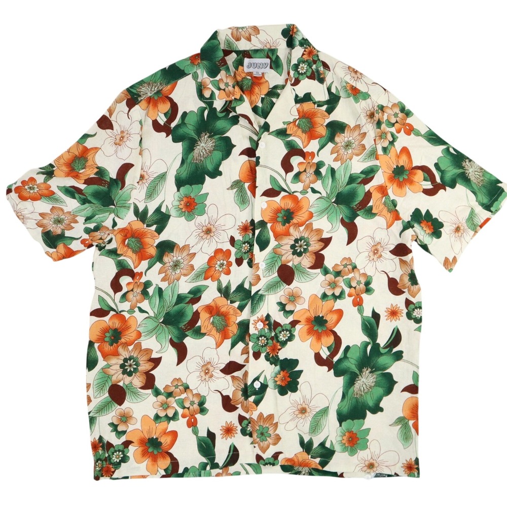 Juny Shirt Mens Medium Tan Orange Green Floral Hawaiian Camp‎ Collar Button Up